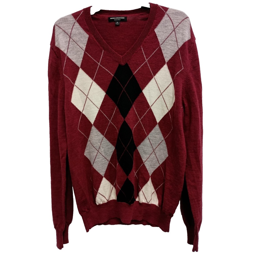 VTG Express Design Studio Sweater Mens XL Red Argyle Wool Pullover Preppy V Neck